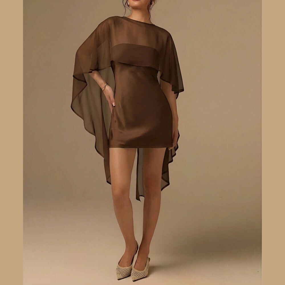 Brown Sheer Chiffon Mini Dress with Draped Cape Sleeve - Picture 4 of 7